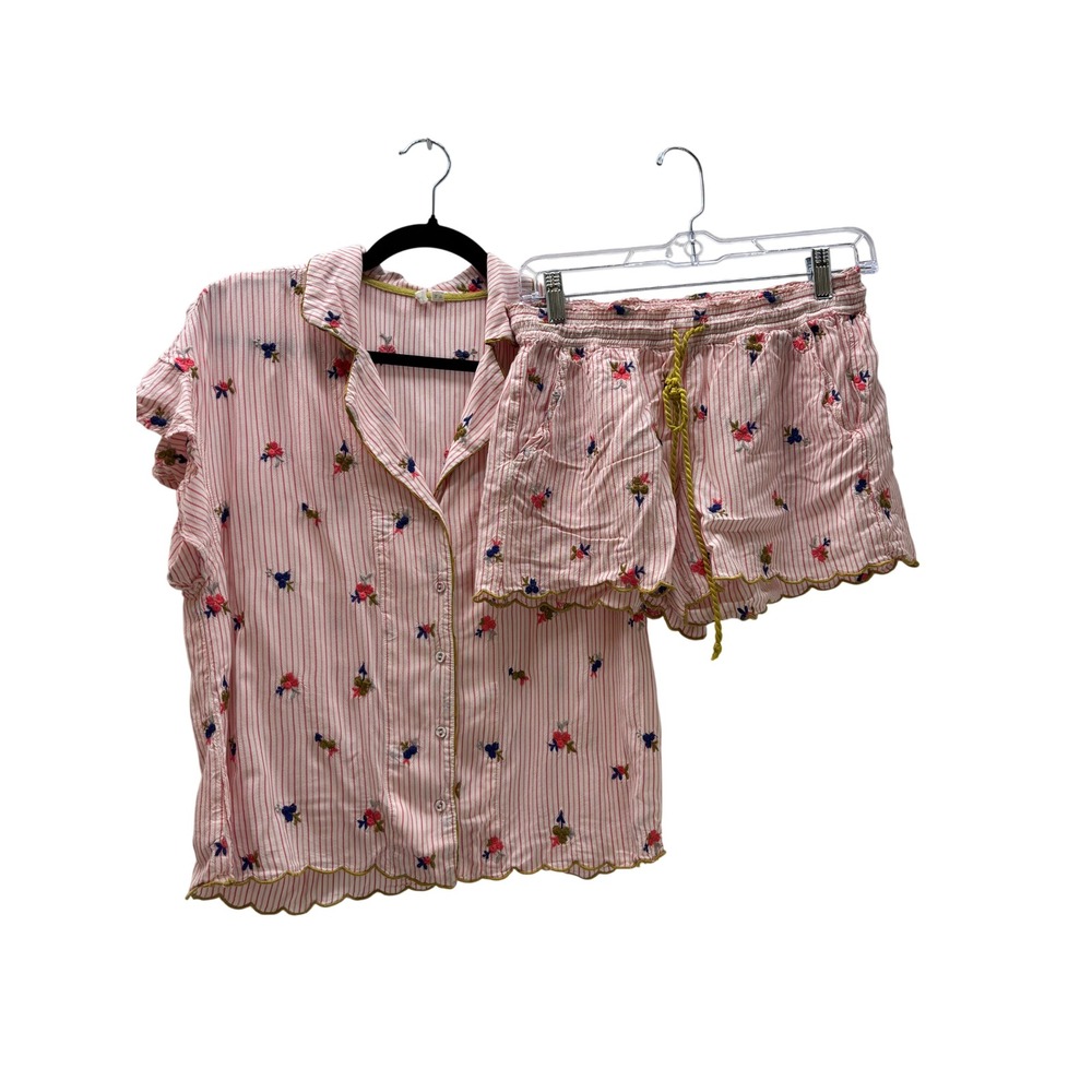 Pure + Good Anthropologie Pink Striped Floral Pajama Set Small Too XS shorts